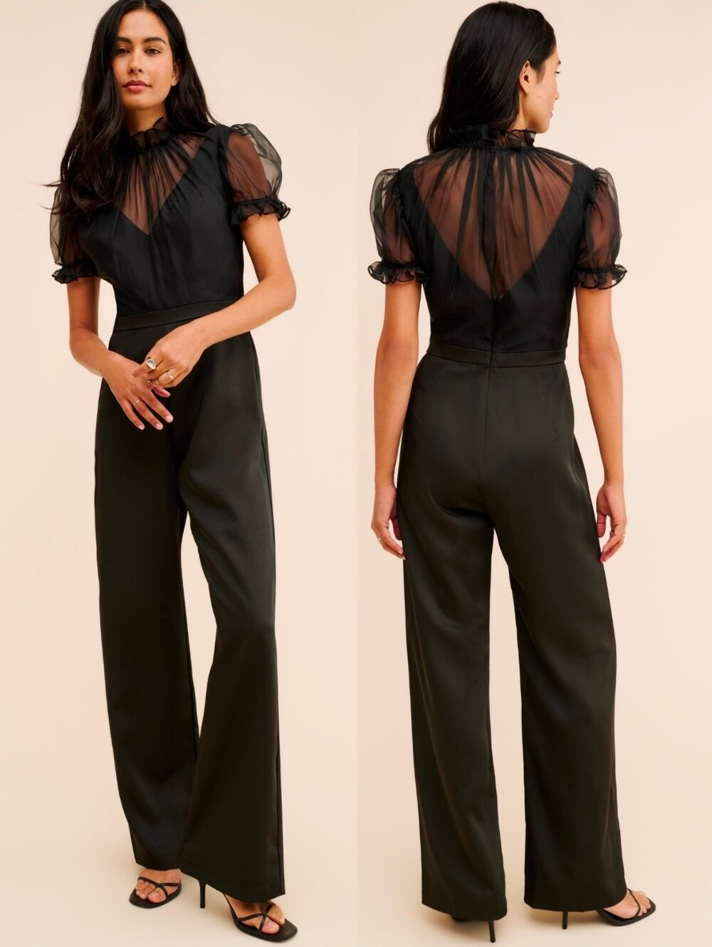 NWT MAC DUGGAL Black Sheer Puff Sleeve 26621 Belted Jumpsuit